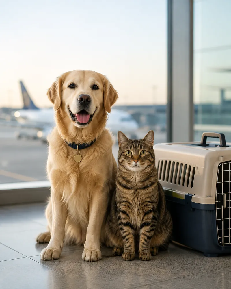Dog and cat prepared for international air travel